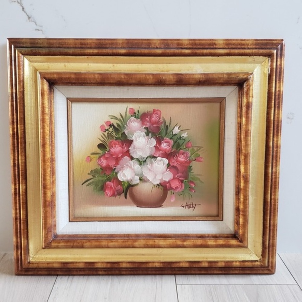 Vintage Original Oil Painting Signed Floral Still‎ Life Double Gold Framed 15x17